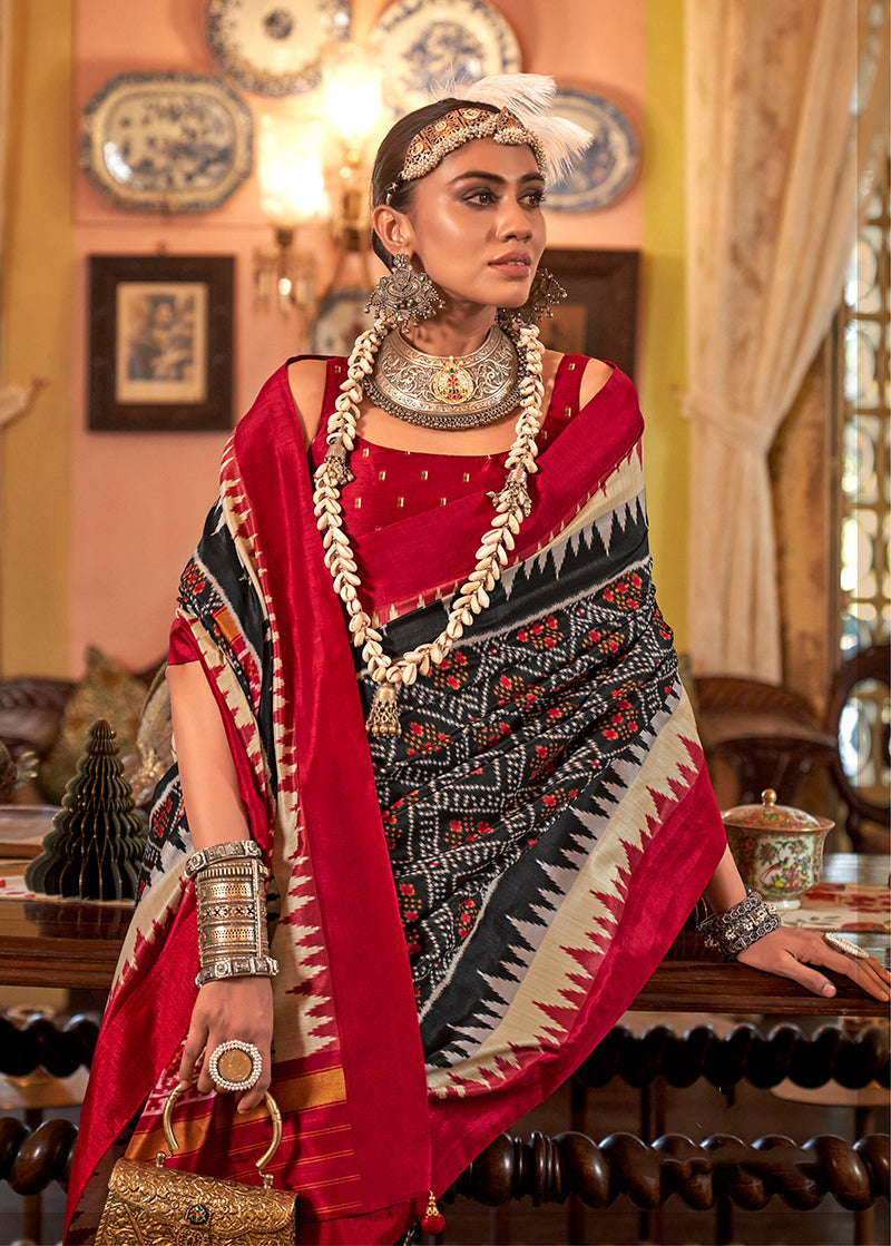 Monjolika Fashion Black & Red Patola Design Zari Work Traditional Silk Blend Saree