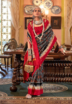 Thumbnail for Monjolika Fashion Black & Red Patola Design Zari Work Traditional Silk Blend Saree