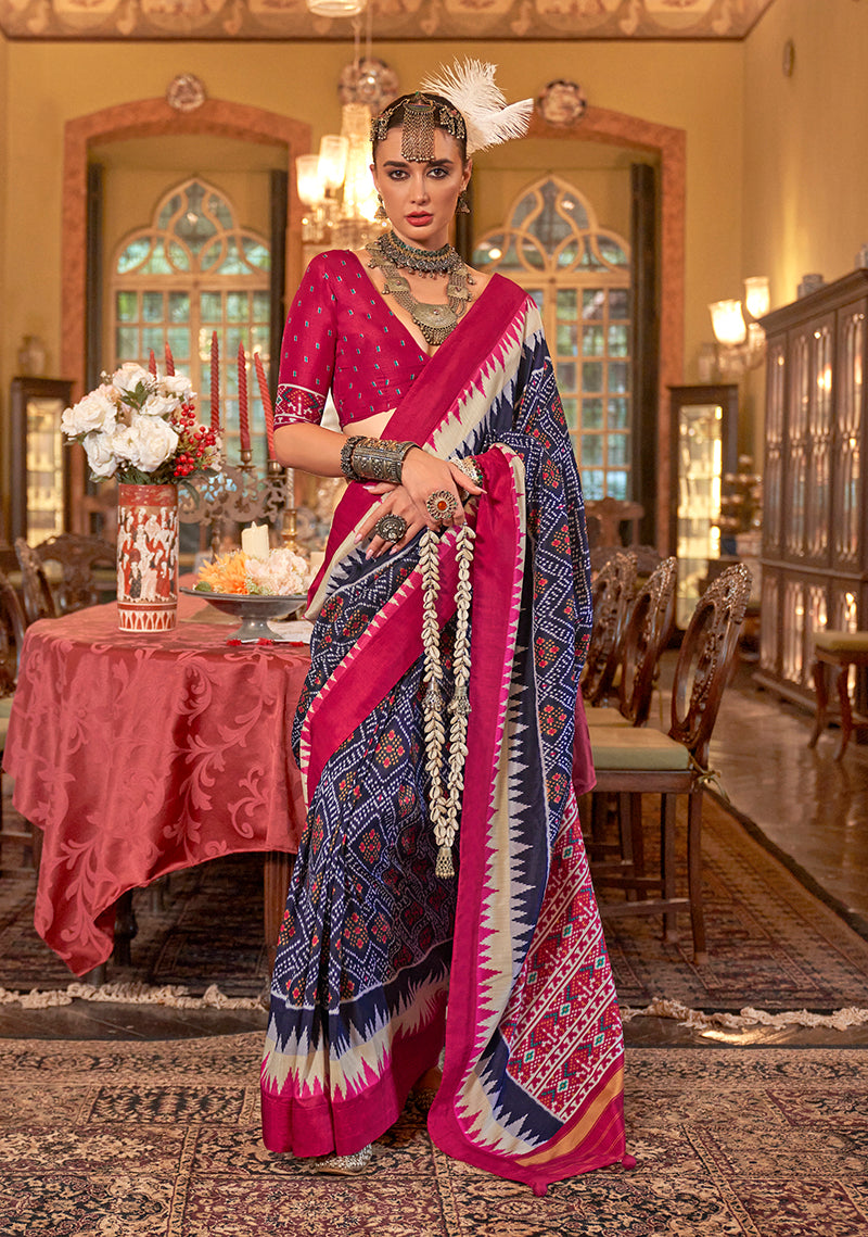 Monjolika Fashion Navy blue & Hot Pink Patola Design Zari Work Traditional Silk Blend Saree