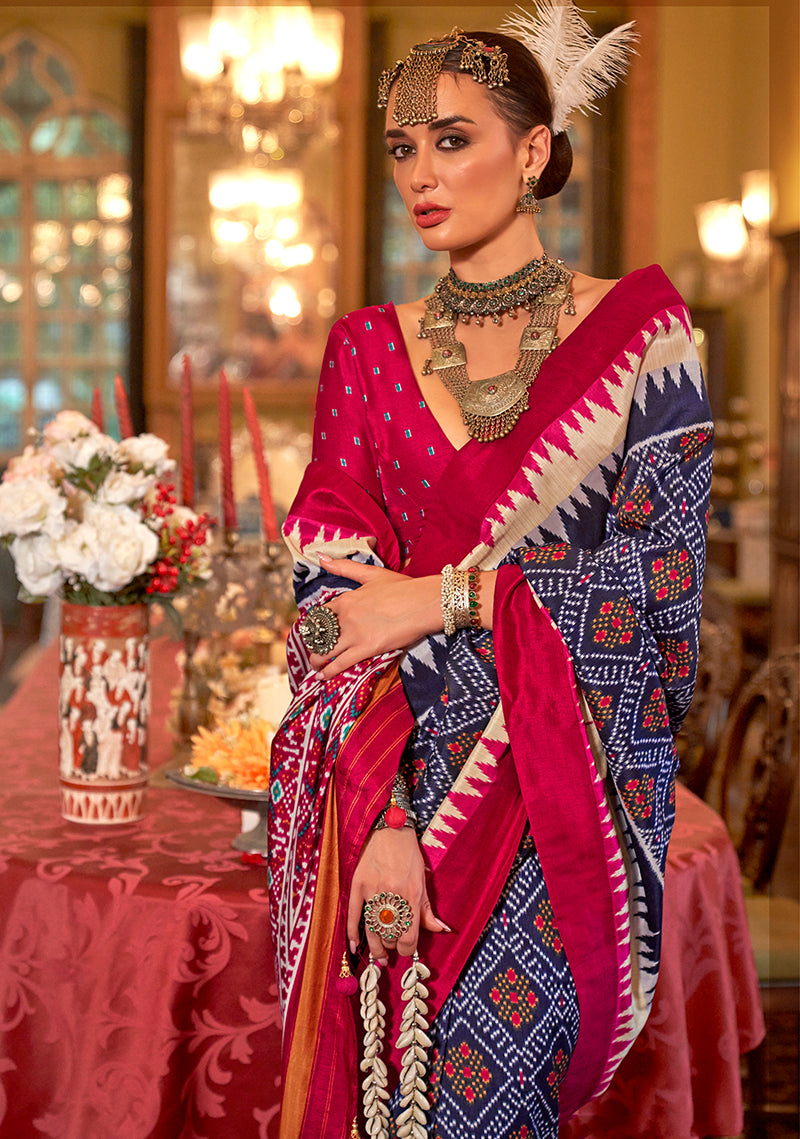 Monjolika Fashion Navy blue & Hot Pink Patola Design Zari Work Traditional Silk Blend Saree