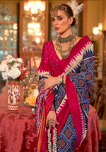 Thumbnail for Monjolika Fashion Navy blue & Hot Pink Patola Design Zari Work Traditional Silk Blend Saree