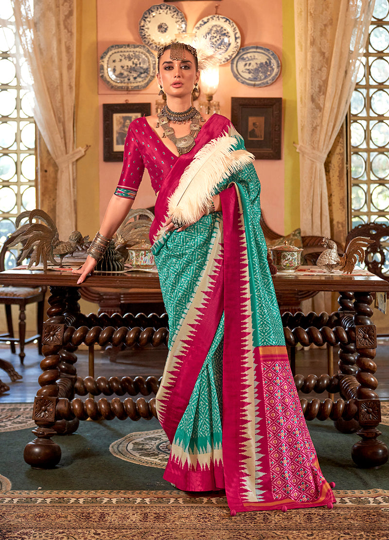 Monjolika Fashion Turquoise & Hot Pink Patola Design Zari Work Traditional Silk Blend Saree