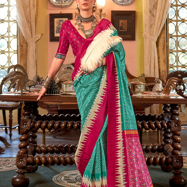 Monjolika Fashion Turquoise & Hot Pink Patola Design Zari Work Traditional Silk Blend Saree