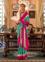 Thumbnail for Monjolika Fashion Turquoise & Hot Pink Patola Design Zari Work Traditional Silk Blend Saree
