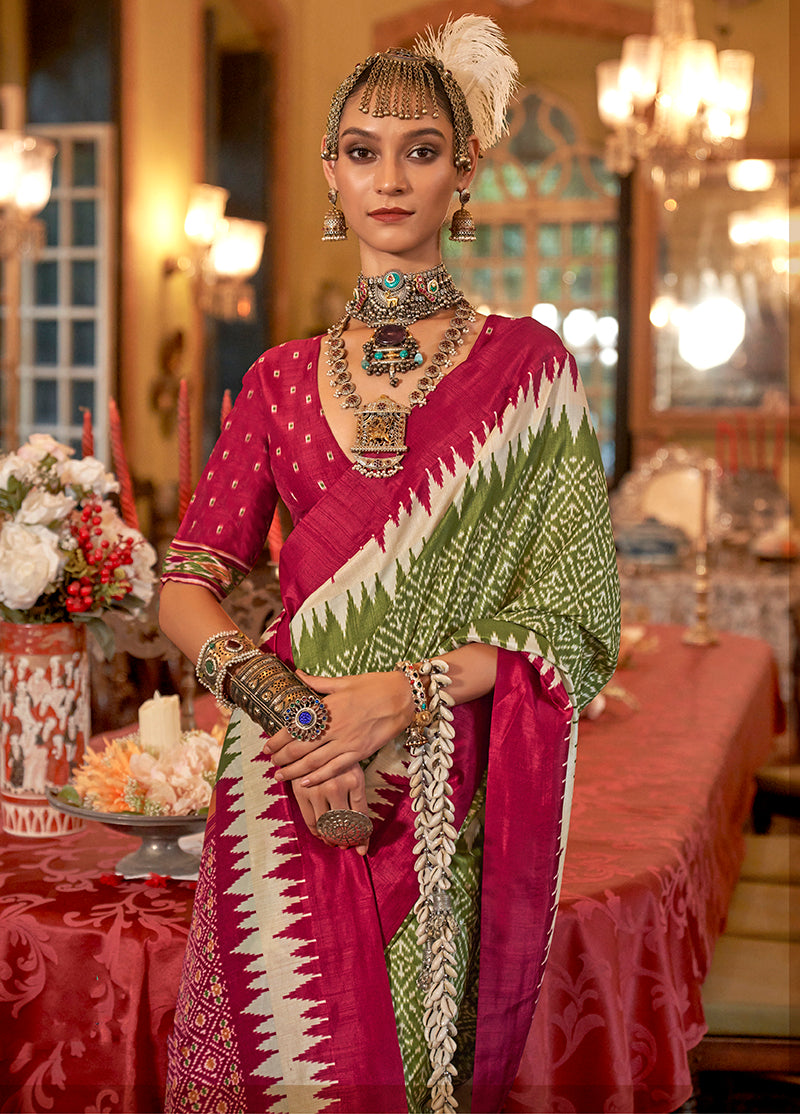 Monjolika Fashion Olive Green & Burgundy Patola Design Zari Work Traditional Silk Blend Saree