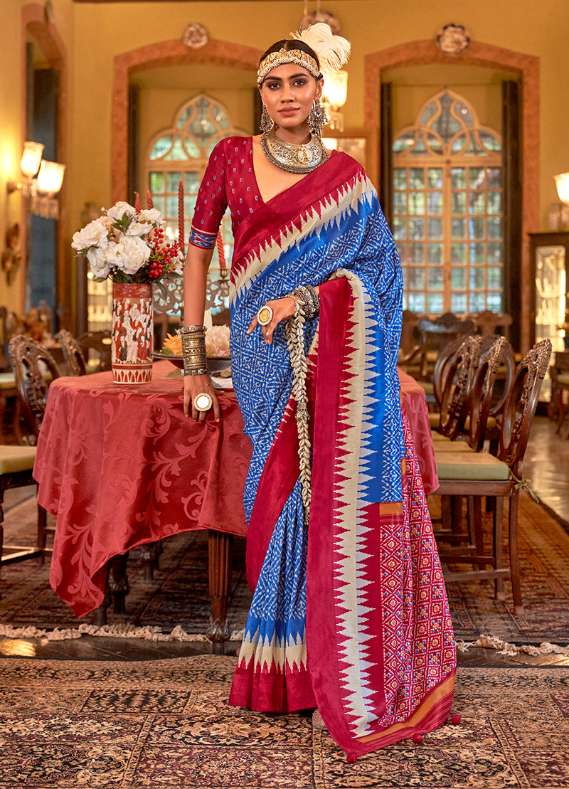 Monjolika Fashion Royal Blue & Rani Pink Patola Design Zari Work Traditional Silk Blend Saree