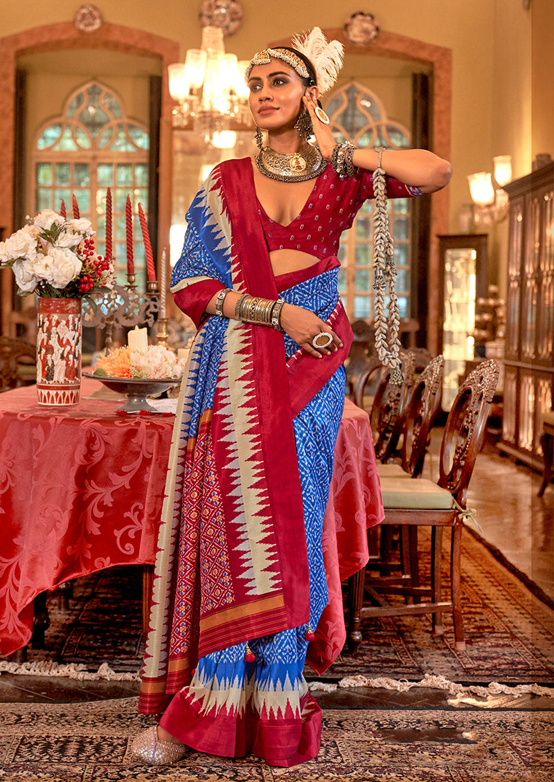 Monjolika Fashion Royal Blue & Rani Pink Patola Design Zari Work Traditional Silk Blend Saree