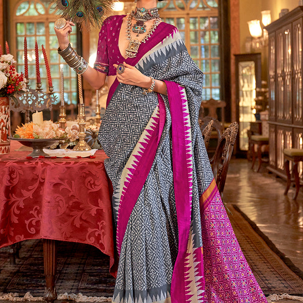 Monjolika Fashion Grey & Magenta Patola Design Zari Work Traditional Silk Blend Saree