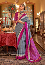 Thumbnail for Monjolika Fashion Grey & Magenta Patola Design Zari Work Traditional Silk Blend Saree