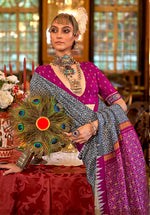 Thumbnail for Monjolika Fashion Grey & Magenta Patola Design Zari Work Traditional Silk Blend Saree