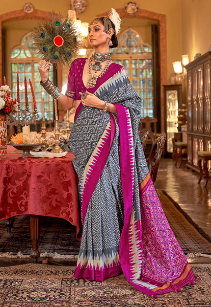 Monjolika Fashion Grey & Magenta Patola Design Zari Work Traditional Silk Blend Saree