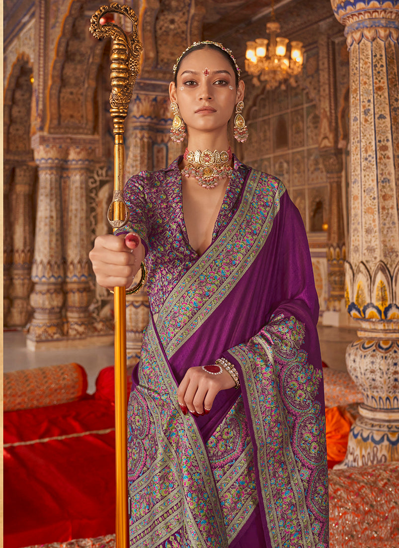 Monjolika Fashion Purple Silk Blend Print Work Traditional Saree for Ceremonial