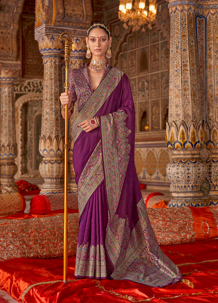 Monjolika Fashion Purple Silk Blend Print Work Traditional Saree for Ceremonial