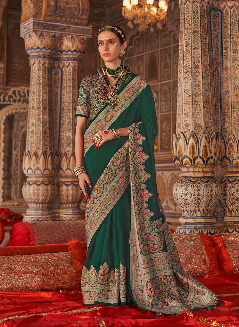 Monjolika Fashion Dark Green Silk Blend Print Work Traditional Saree for Ceremonial