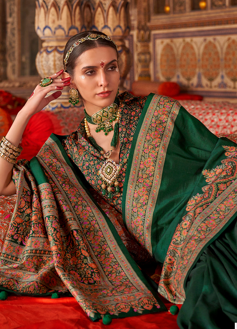 Monjolika Fashion Dark Green Silk Blend Print Work Traditional Saree for Ceremonial