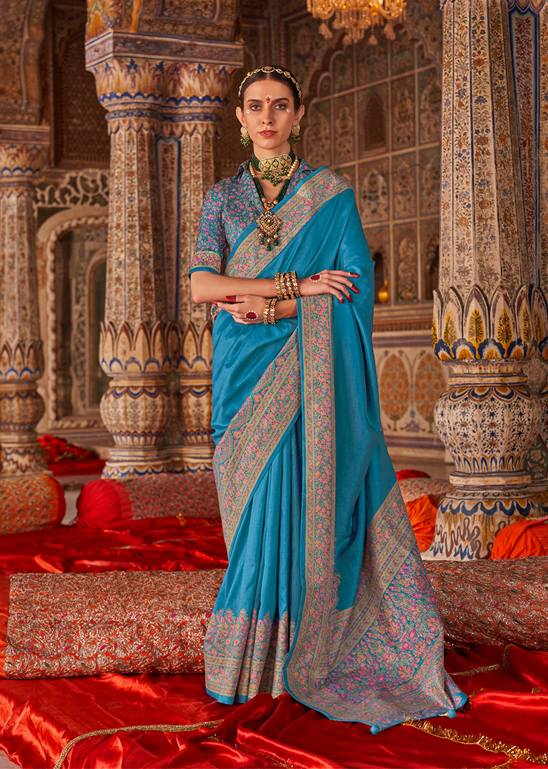 Monjolika Fashion Aqua Blue Silk Blend Print Work Traditional Saree for Ceremonial