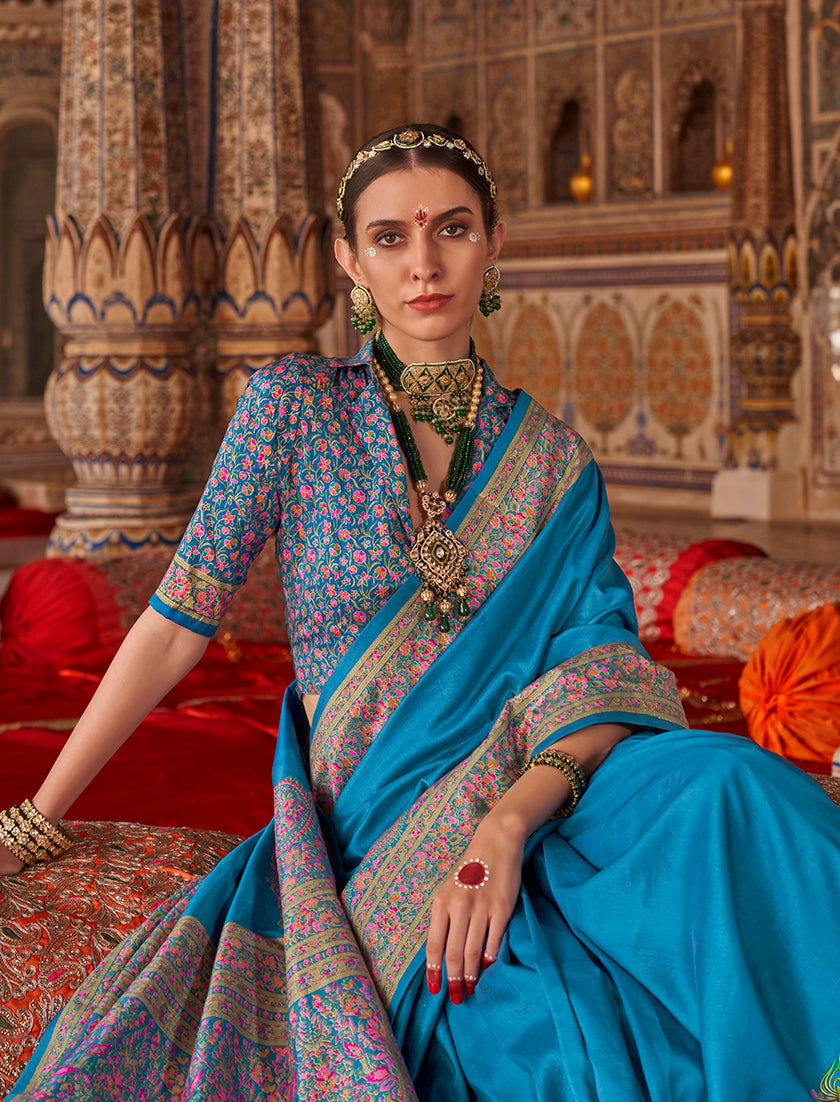 Monjolika Fashion Aqua Blue Silk Blend Print Work Traditional Saree for Ceremonial