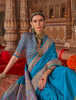 Thumbnail for Monjolika Fashion Aqua Blue Silk Blend Print Work Traditional Saree for Ceremonial