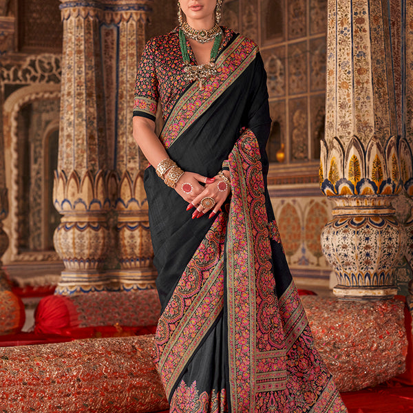 Monjolika Fashion Black Silk Blend Print Work Traditional Saree for Ceremonial