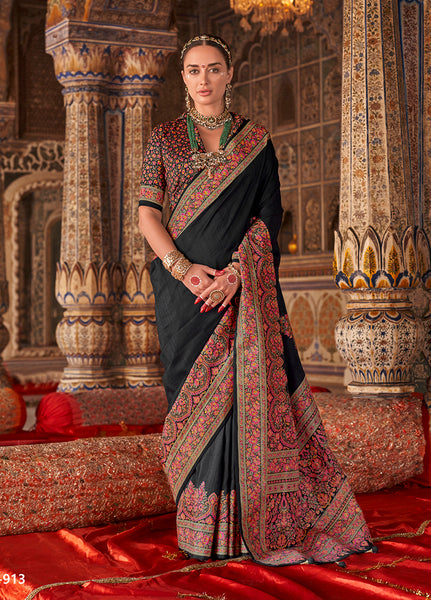 Monjolika Fashion Black Silk Blend Print Work Traditional Saree for Ceremonial