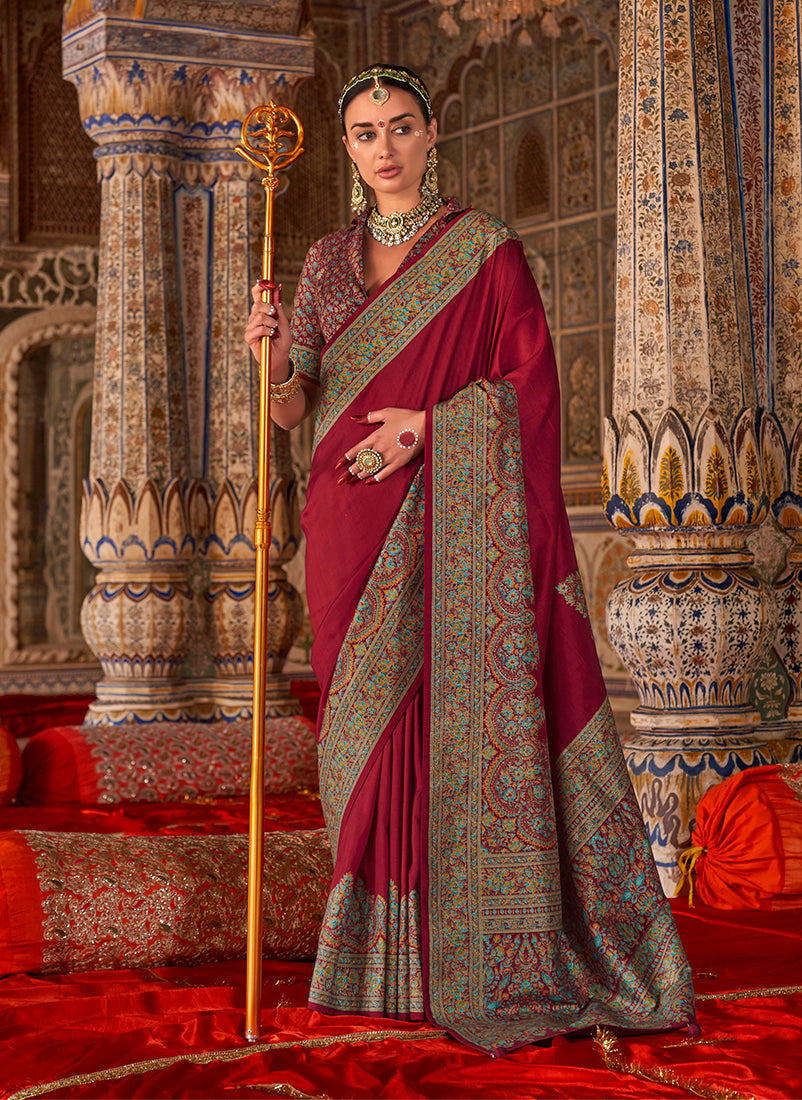 Monjolika Fashion Maroon Silk Blend Print Work Traditional Saree for Ceremonial