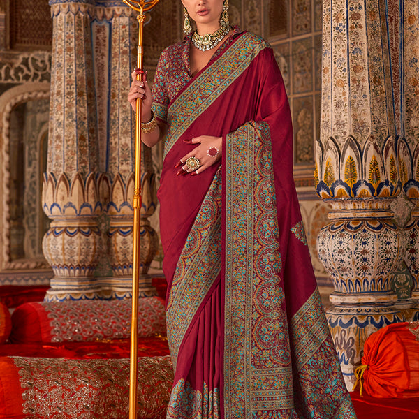 Monjolika Fashion Maroon Silk Blend Print Work Traditional Saree for Ceremonial