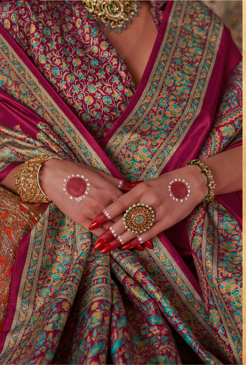 Monjolika Fashion Maroon Silk Blend Print Work Traditional Saree for Ceremonial