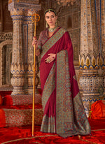 Thumbnail for Monjolika Fashion Maroon Silk Blend Print Work Traditional Saree for Ceremonial