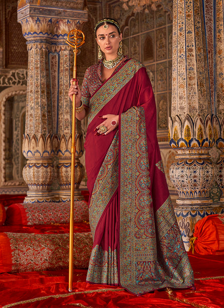 Monjolika Fashion Maroon Silk Blend Print Work Traditional Saree for Ceremonial