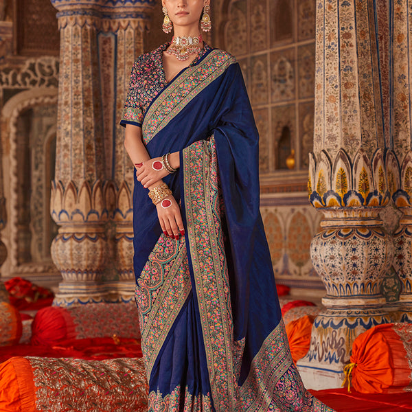 Monjolika Fashion Navy Blue Silk Blend Print Work Traditional Saree for Ceremonial