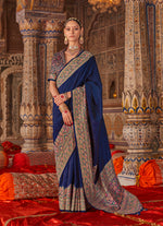 Thumbnail for Monjolika Fashion Navy Blue Silk Blend Print Work Traditional Saree for Ceremonial