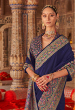 Thumbnail for Monjolika Fashion Navy Blue Silk Blend Print Work Traditional Saree for Ceremonial