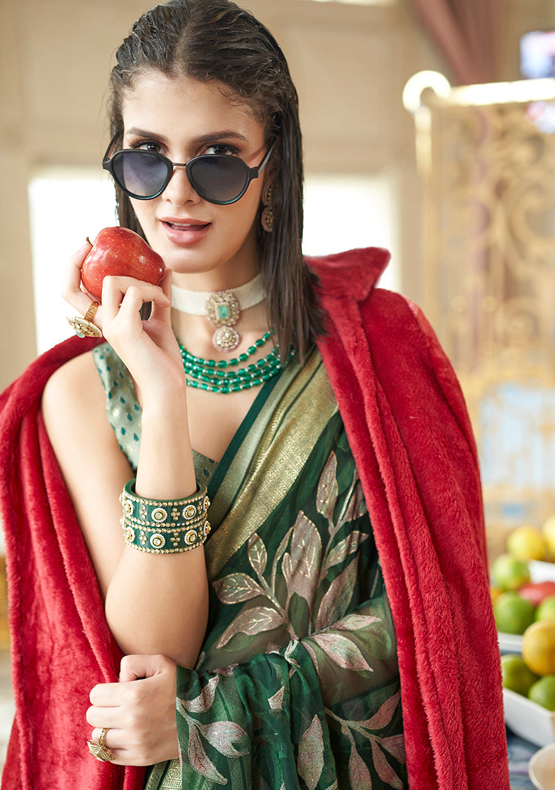 Monjolika Fashion Georgette Classic Saree with Fancy Work for Ceremonial in Dark Green