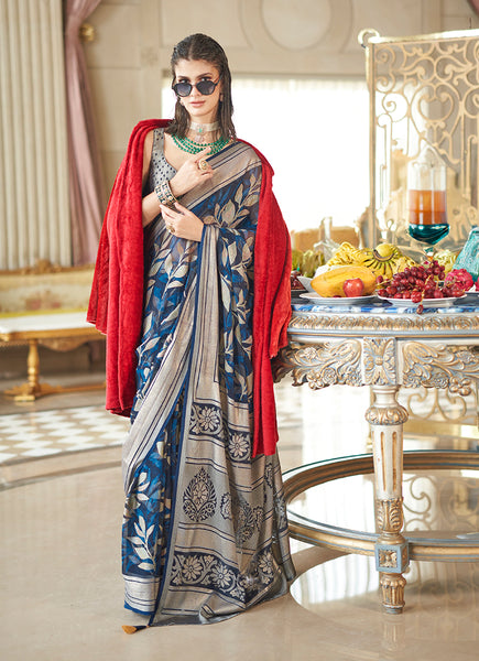 Monjolika Fashion Georgette Classic Saree with Fancy Work for Ceremonial in Navy Blue