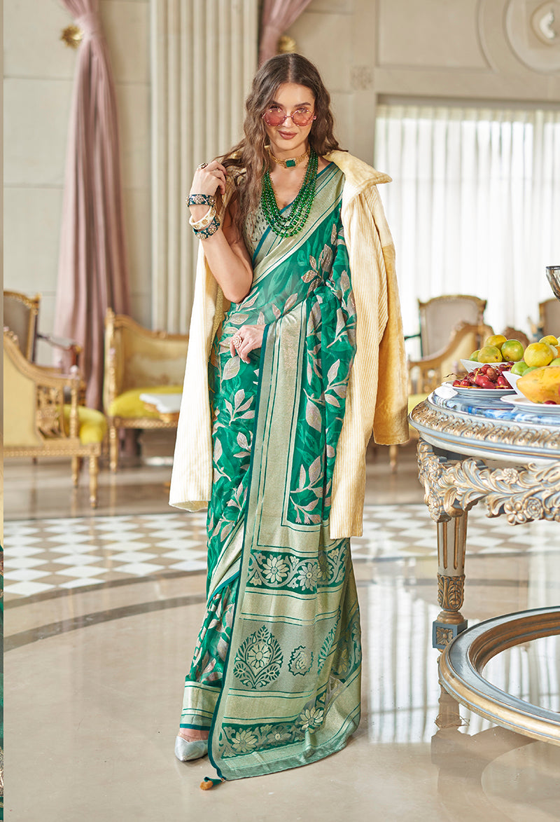 Monjolika Fashion Georgette Classic Saree with Fancy Work for Ceremonial in Sea Green