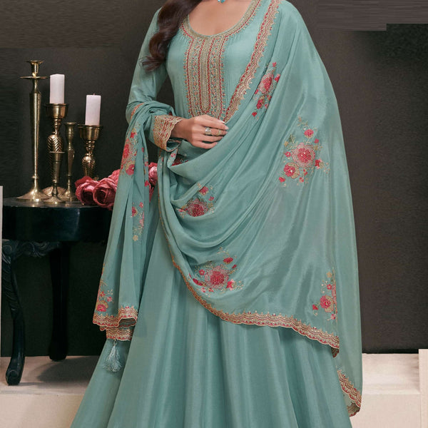 Anaita Teal Embroidered Work Silk Stitched Anarkali Suit - Distacart