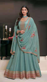 Thumbnail for Anaita Teal Embroidered Work Silk Stitched Anarkali Suit - Distacart