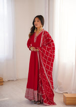 Thumbnail for Lorenvalley Fashion Red Vichitra Silk with Full Kali Pattern Embroidery work Anarkali Gown with Dupatta - Distacart