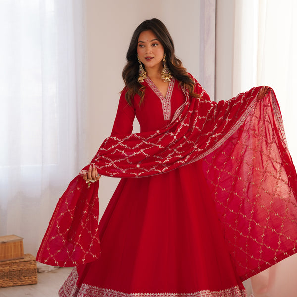 Lorenvalley Fashion Red Vichitra Silk with Full Kali Pattern Embroidery work Anarkali Gown with Dupatta - Distacart
