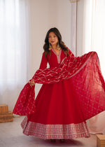 Thumbnail for Lorenvalley Fashion Red Vichitra Silk with Full Kali Pattern Embroidery work Anarkali Gown with Dupatta - Distacart