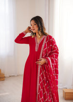 Thumbnail for Lorenvalley Fashion Red Vichitra Silk with Full Kali Pattern Embroidery work Anarkali Gown with Dupatta - Distacart