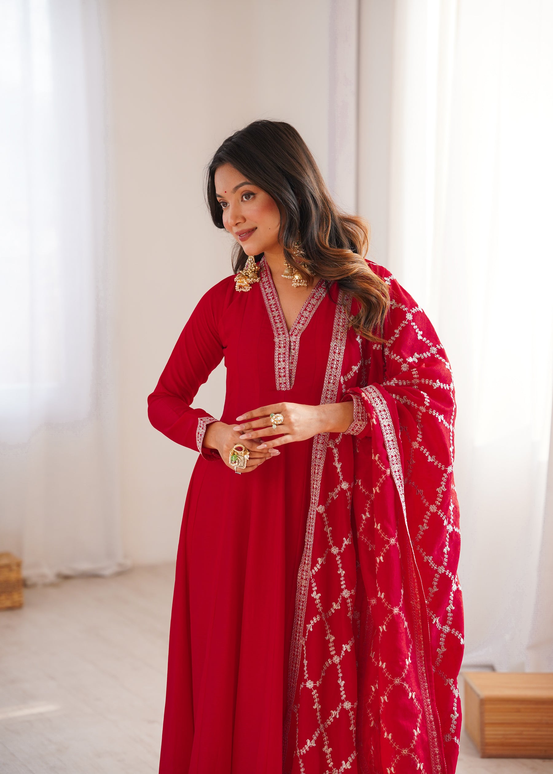 Lorenvalley Fashion Red Vichitra Silk with Full Kali Pattern Embroidery work Anarkali Gown with Dupatta - Distacart