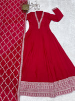 Thumbnail for Lorenvalley Fashion Red Vichitra Silk with Full Kali Pattern Embroidery work Anarkali Gown with Dupatta - Distacart