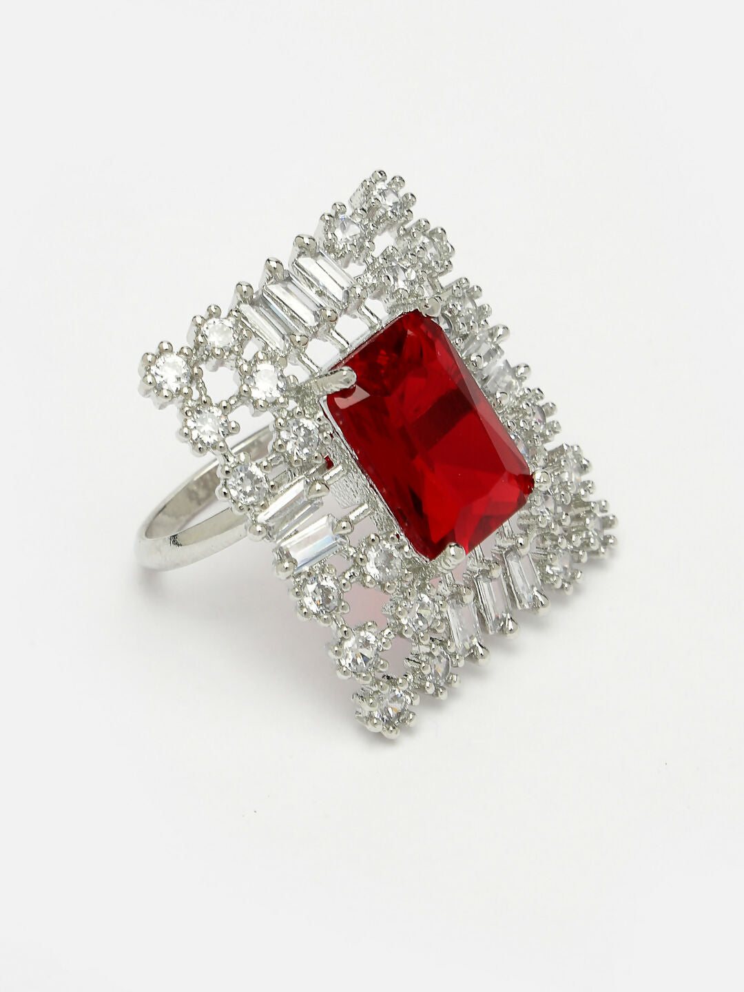 NVR Women's Red & Silver CZ-Studded Square-Shaped Adjustable Finger Ring - Distacart