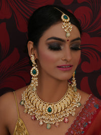 Thumbnail for Kundan Choker with Matching Earrings & Maang Tikka Jewellery Set (Gold) - Ruby Raang - Distacart