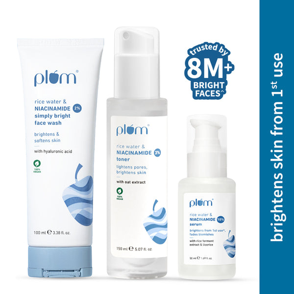 Plum Niacinamide Facewash, Toner & Face Serum Combo Tightens Pore, Fades Blemishes & Hydrates