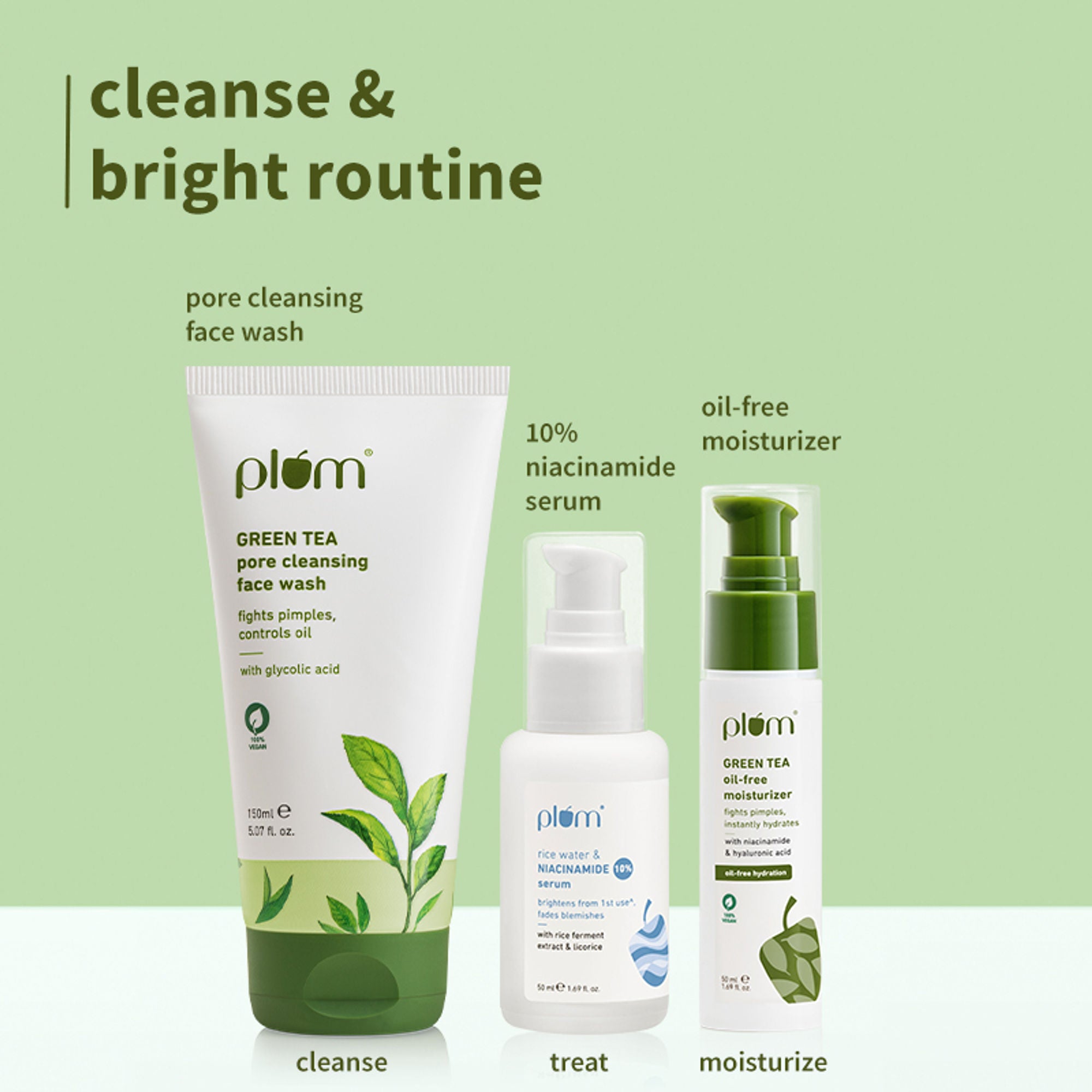 Plum Green Tea Face Wash, Serum And Moisturizer Trio With SPF 50 PA+++ For Acne Prone & Oily Skin - Distacart