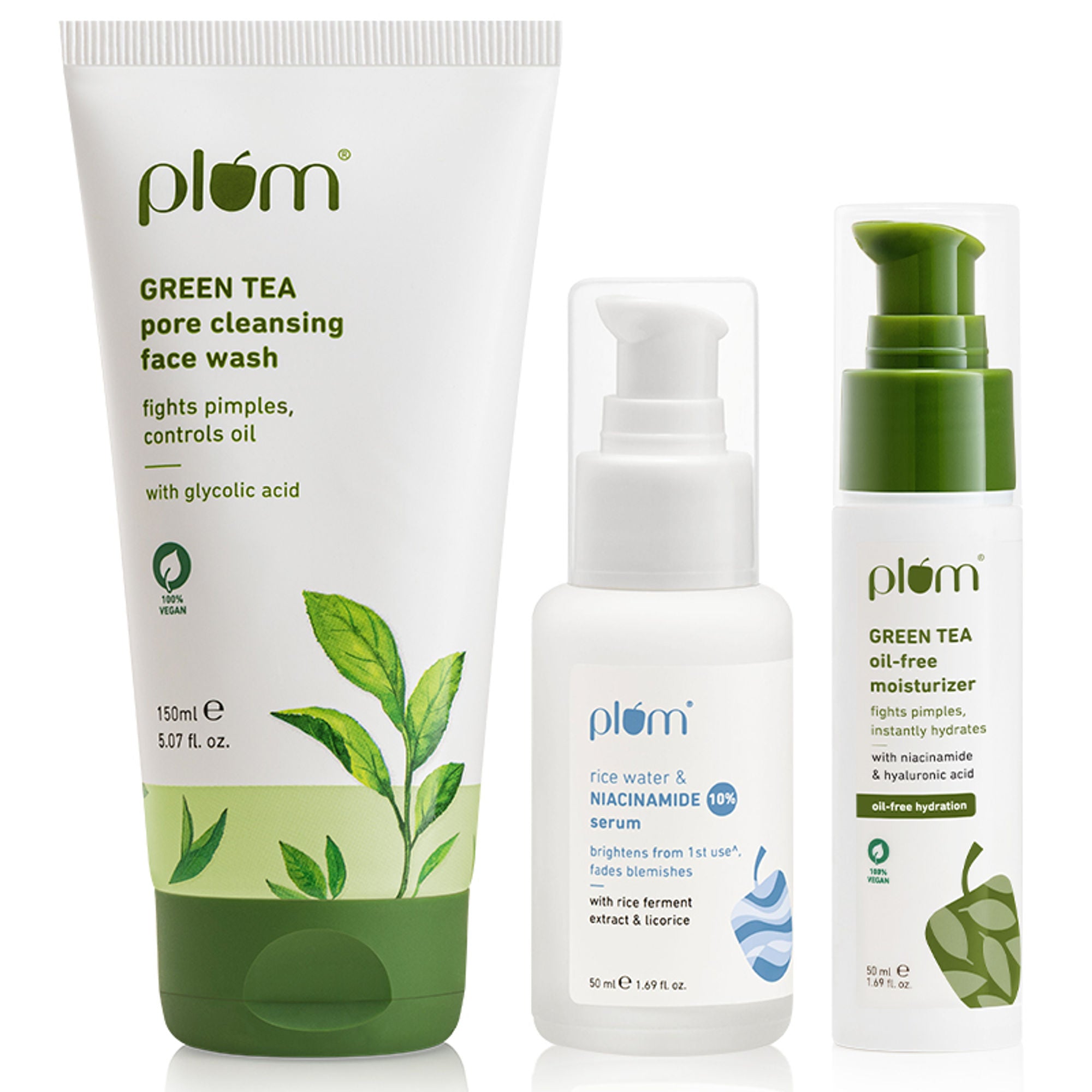 Plum Green Tea Face Wash, Serum And Moisturizer Trio With SPF 50 PA+++ For Acne Prone & Oily Skin - Distacart
