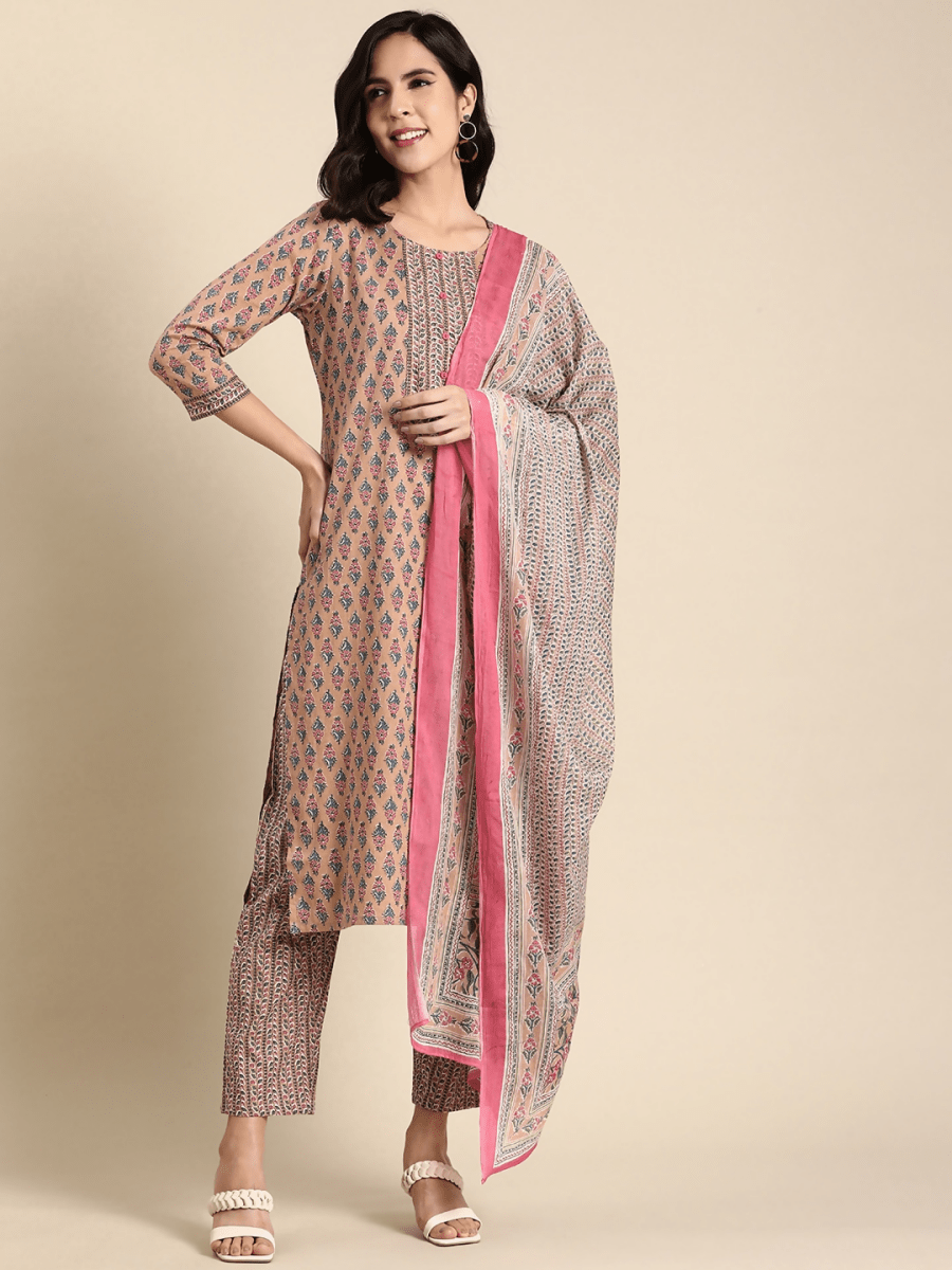 Anouk Women Floral Printed Regular Pure Cotton Kurta with Trousers & With Dupatta - Distacart