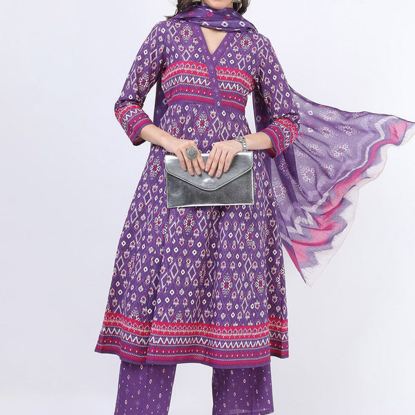 Vishudh Women Purple Printed Empire Pure Cotton Anarkali Kurta With Trousers And Dupatta - Distacart